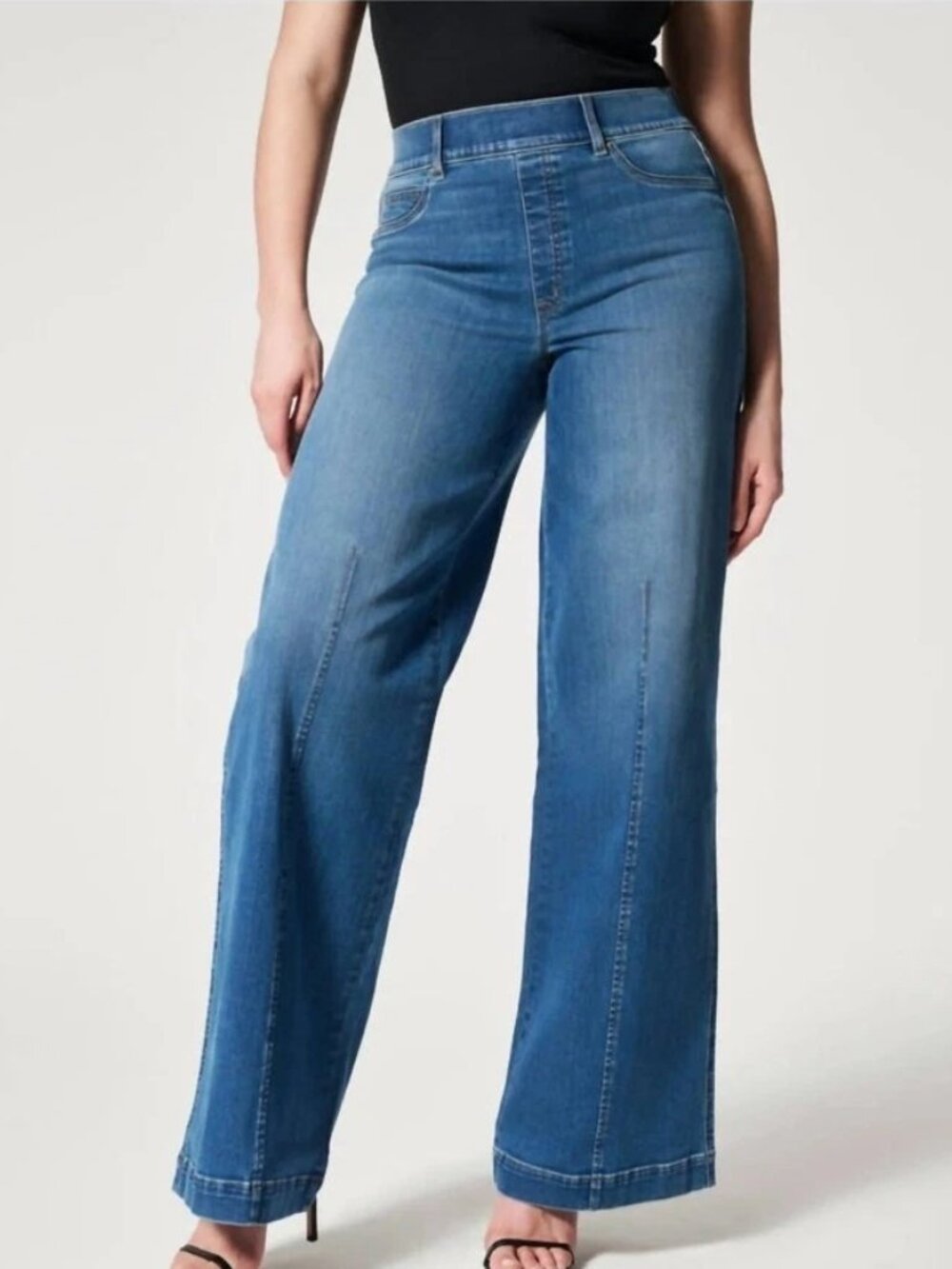Spanx Jeans Vintage Indigo Blue Women 2X Seamed Front Wide Leg High Rise Pull On